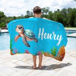 Serviette de plage personnalisée avec motif animaux marins et nom - Cadeau vacances d'été fête à la piscine pour garçons filles