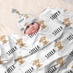 Personlig søt sky Moon Highland Cow Baby Swaddle Knotted Hat Set Teppe med navn Kommer hjem antrekk Bursdag Baby Shower Gave til nyfødte
