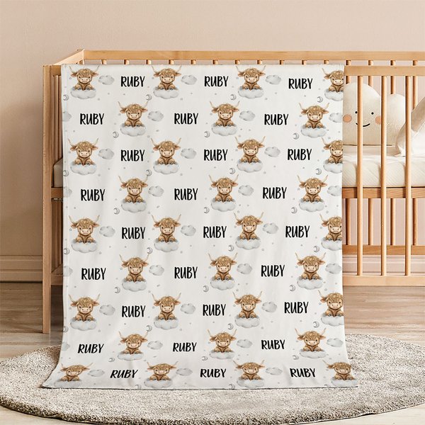 Personlig søt sky Moon Highland Cow Baby Swaddle Knotted Hat Set Teppe med navn Kommer hjem antrekk Bursdag Baby Shower Gave til nyfødte