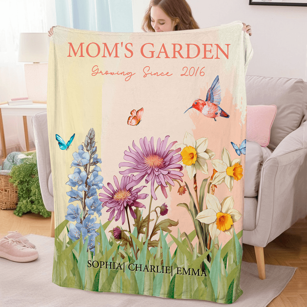 Custom 2-15 Birth Flowers Grandma's Garden Blanket with Names and Year, Flannel/Sherpa Soft Bed Couch Throw, Birthday/Anniversary Gift for Mom/Grandma