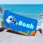 Serviette de plage personnalisée avec motif animaux marins et nom - Cadeau vacances d'été fête à la piscine pour garçons filles