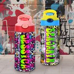 Personalised Graffiti Name 12 oz Insulated Water Bottle with Straw and Handle Birthday Back to School Gift for Kids Teenagers Students