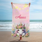 Personlig enhörning moln blommor snabbtorkande större strandhandduk med namn sommarlov tillbehör födelsedagspresent