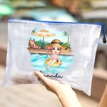 Personalized Pool Vacation Cartoon Girl Waterproof Beach Bag with Name Birthday Summer Party Gift for Women