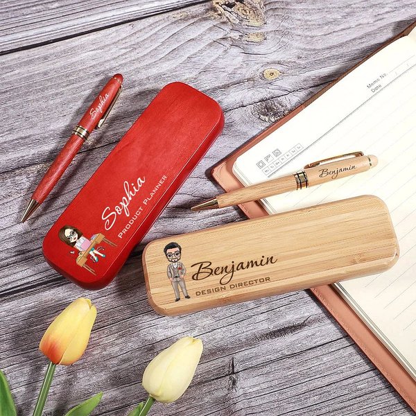 Personalized Cartoon Character Wooden Ballpoint Pen and Case Set with Name and Title Office Supplies Appreciation Gift for Employees Colleagues