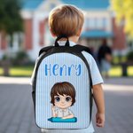 Personalised Colourful Vertical Stripe Cartoon Character Backpack Lunch Bag Pencil Case Set with Name Back to School Gift for Kids Teenagers Students