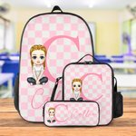 Personalized Checkered Pattern Cartoon Character Backpack Lunch Bag Pencil Case Set with Initial and Name Back to School Gift for Kids Students