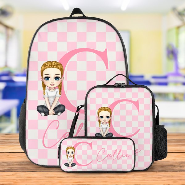 Personalized Checkered Pattern Cartoon Character Backpack Lunch Bag Pencil Case Set with Initial and Name Back to School Gift for Kids Students