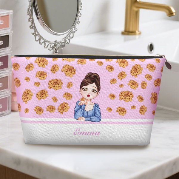 Personalised  Cartoon Girl Flying Birth Flower Portable Makeup Bag with Name Birthday Anniversary Gift for Women