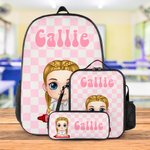 Personalized Multicolor Plaid  Cute Cartoon Character Backpack Lunch Bag Pencil Case Set with Name Back to School Birthday Gift for Boys Girls