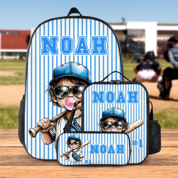 Personlig Stripes Cartoon Baseball Kid Character Ryggsekk Lunsjveske Penalveske Sett med navn Tilbake til skolen Bursdagsgave til gutter Jenter
