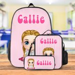 Personalised Colourful Vertical Stripe Cartoon Character Backpack Lunch Bag Pencil Case Set with Name Back to School Gift for Kids Teenagers Students