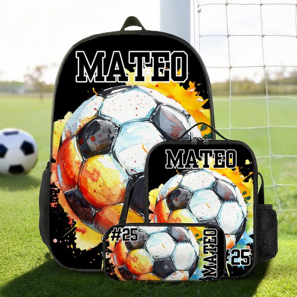Personalized Watercolor Soccer Rugby Backpack Lunch Bag Pencil Case Set with Name Number Back to School Team Training Day Birthday Gift for Boys Girls