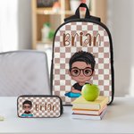 Personalized Multicolor Plaid  Cute Cartoon Character Backpack Lunch Bag Pencil Case Set with Name Back to School Birthday Gift for Boys Girls