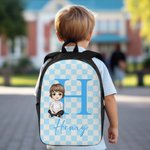 Personalized Checkered Pattern Cartoon Character Backpack Lunch Bag Pencil Case Set with Initial and Name Back to School Gift for Kids Students
