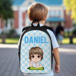 Personalized Multicolor Plaid  Cute Cartoon Character Backpack Lunch Bag Pencil Case Set with Name Back to School Birthday Gift for Boys Girls