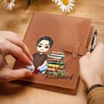 Personalised Floral Book Cartoon Reading Character PU Leather A5 Sketchbook Notebook Cover with Name and Storage Pocket Birthday Gift for Family