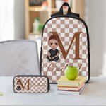 Personalized Checkered Pattern Cartoon Character Backpack Lunch Bag Pencil Case Set with Initial and Name Back to School Gift for Kids Students