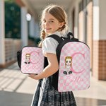 Personalized Checkered Pattern Cartoon Character Backpack Lunch Bag Pencil Case Set with Initial and Name Back to School Gift for Kids Students