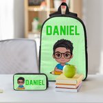 Personalised Colourful Vertical Stripe Cartoon Character Backpack Lunch Bag Pencil Case Set with Name Back to School Gift for Kids Teenagers Students