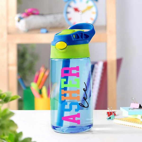 Personalized Multicolour Neon Style Name 16 oz Kid Water Bottle with Silicone Straw and Spill-Proof Lid Back to School Birthday Gift for Boys Girls