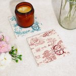 Personalised Retro French Toile De Jouy Style Square Ceramic Coaster with Initial and Name Wedding Engagement Gift for Newlyweds Couple