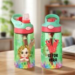 Personalised Cute Cartoon Character Initial 16 oz Kid Water Bottle with Name and Silicone Straw Birthday Back to School Gift for Boys Girls