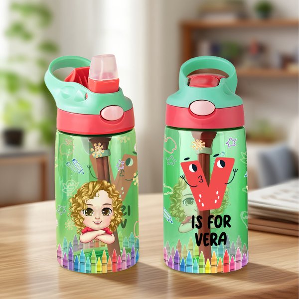 Personalised Cute Cartoon Character Initial 16 oz Kid Water Bottle with Name and Silicone Straw Birthday Back to School Gift for Boys Girls