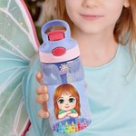 Personalised Cute Cartoon Character Initial 16 oz Kid Water Bottle with Name and Silicone Straw Birthday Back to School Gift for Boys Girls