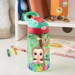 Personalised Cute Cartoon Character Initial 16 oz Kid Water Bottle with Name and Silicone Straw Birthday Back to School Gift for Boys Girls