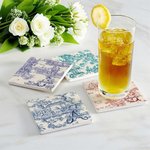 Personalised Retro French Toile De Jouy Style Square Ceramic Coaster with Initial and Name Wedding Engagement Gift for Newlyweds Couple