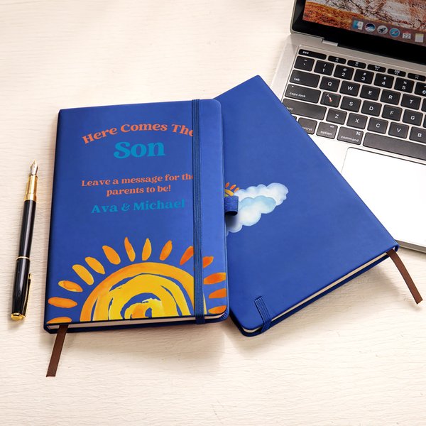 Personalised Here Comes the Son Multicolour PU Leather Guest Book with Names and 80 Lined Pages  Baby Shower Gift for New Parent