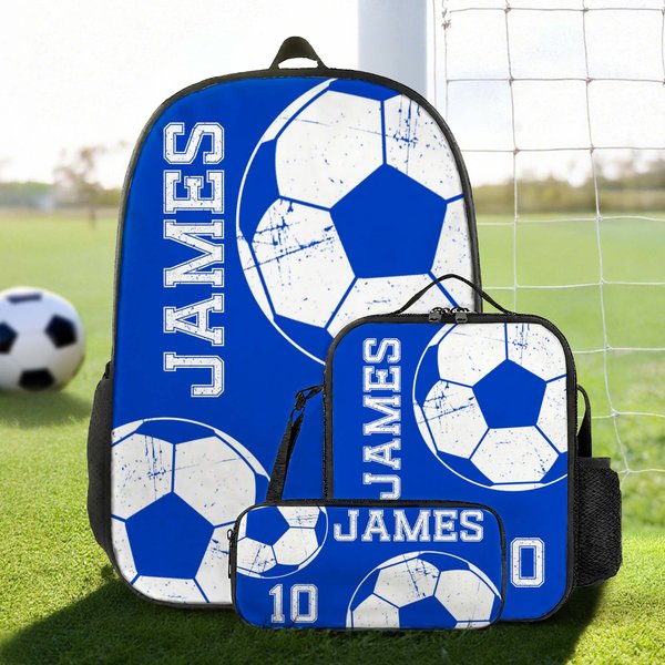 Personalised Multicolour Ball Sports Backpack Lunch Bag Pencil Case Set with Name and Number Team Training Back to School Gift for Kids Students