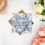 Personlig retro fransk Toile De Jouy-stil firkantet keramisk underlegg med initialer og navn Bryllupsforlovelsesgave til nygifte par