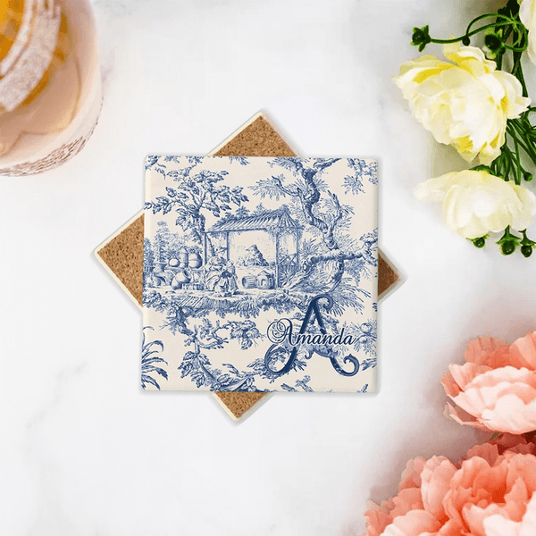 Personalised Retro French Toile De Jouy Style Square Ceramic Coaster with Initial and Name Wedding Engagement Gift for Newlyweds Couple