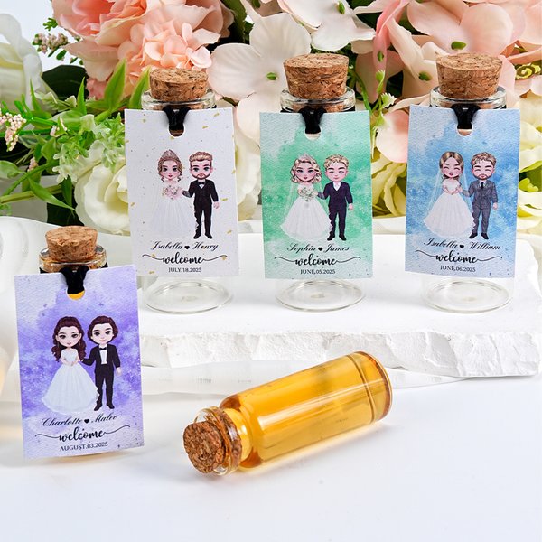 Personalized Cartoon Bride and Groom Watercolor Label Shot Bottle with Name and Date Wedding Favor Decor for Couple Guest Newlywed