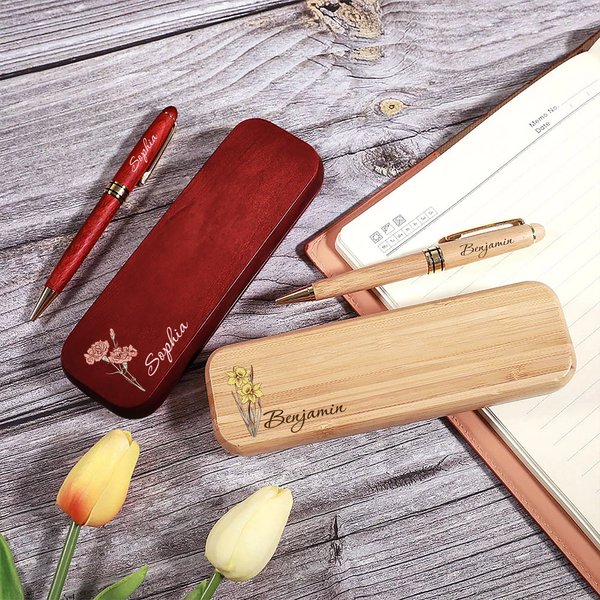 Personalized Birth Flower Wooden Ballpoint Pen and Case Set with Engraved Name Graduation Back to School Birthday Gift for Teachers Students