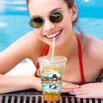Personalised Pool Vacation Cartoon Girl Name 16 oz Acrylic Tumbler with Straw and Lid Beach Party Holiday Gift for Women