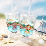 Personalised Pool Vacation Cartoon Girl Name 16 oz Acrylic Tumbler with Straw and Lid Beach Party Holiday Gift for Women