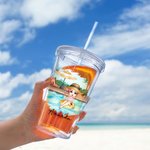 Personalised Pool Vacation Cartoon Girl Name 16 oz Acrylic Tumbler with Straw and Lid Beach Party Holiday Gift for Women