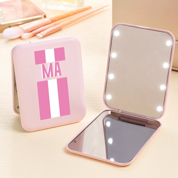 Personalisierte Schatten Monogramm Streifen LED doppelseitige faltbare kompakte Make-up-Spiegel mit anfänglichen Reise-Zubehör Geburtstag Geschenk für Brautjungfer Frauen