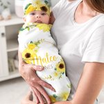 Personlig akvarellblomsterkrans 100% bomulls myk swaddle og knutehatt sett med navn Baby Photo Props Baby shower gave til nyfødt