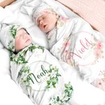 Personlig akvarellblomsterkrans 100% bomulls myk swaddle og knutehatt sett med navn Baby Photo Props Baby shower gave til nyfødt