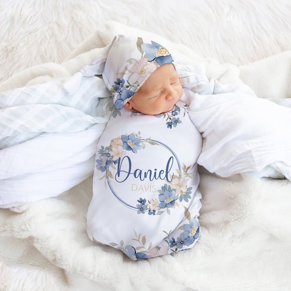 Personlig akvarellblomsterkrans 100% bomulls myk swaddle og knutehatt sett med navn Baby Photo Props Baby shower gave til nyfødt