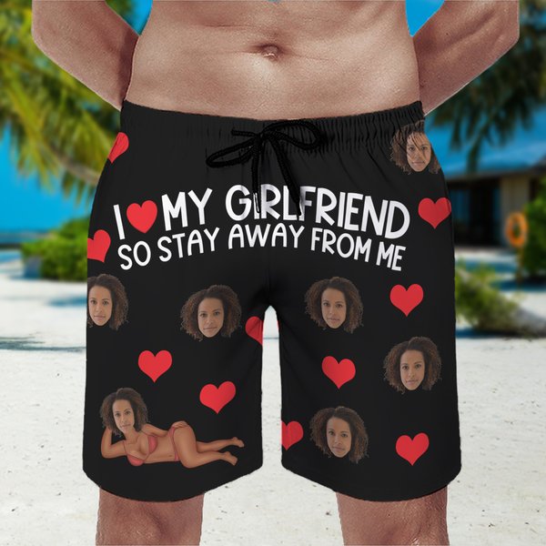 Personalized I Love My Wife So Stay Away From Me Face Photo Swim Trunks with Mesh Brief and Drawstring Travel Essential Birthday Gift for Men