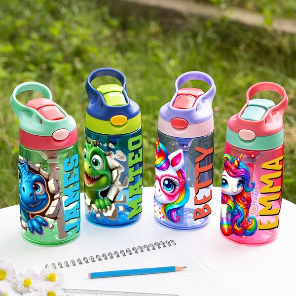 Personalised Cute Dinosaur Fantasy Unicorn 16 oz Kid Water Bottle with Name and Silicone Straw Birthday Back to School Gift for Boys Girls