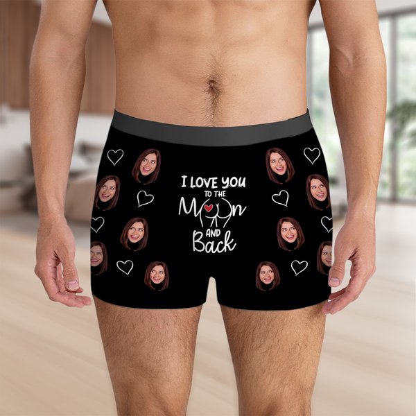 Personlig Love You to the Moon and Back Face Photo Boxer Brief Anniversary Honeymoon Present till honom make pojkvän