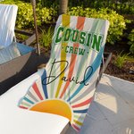 Toalla de playa personalizada para Cousin Crew estilo vintage con rayos de sol y nombre de secado rápido regalo de cumpleaños para la familia