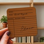 Personalised Vintage Library Card Design PU Leather Coaster with Name Author and Title Birthday Gift for Student Office Worker Book Enthusiast