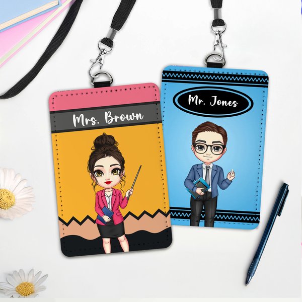 Personalized Cartoon Character Teacher ID Card PU Leather Badge Holder Lanyard Teacher's Day Back to School Gift for Teacher